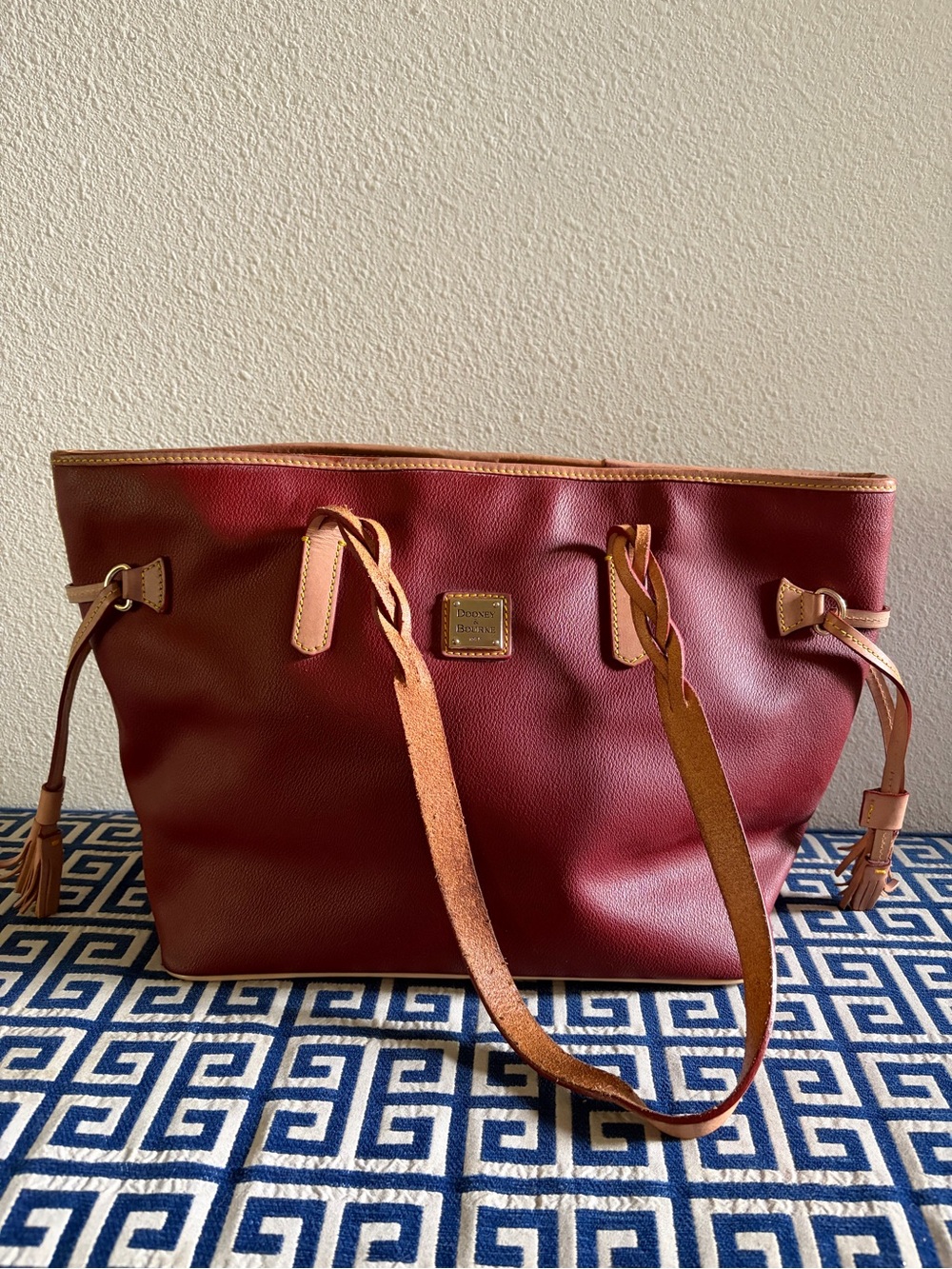 Dooney & Bourke Burgundy Leather Tote with Tan Straps
